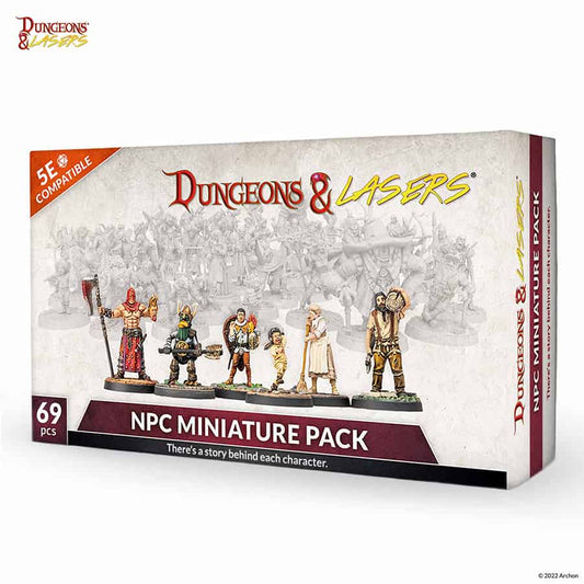 Dungeons and Lasers: NPC Miniatures Pack with 69 painted 28mm tabletop gaming figures.