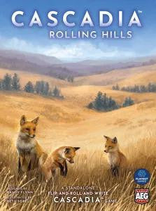 Cascadia: Rolling Hills Pacific Northwest flip-and-write game box with title and illustrated foxes in grass.