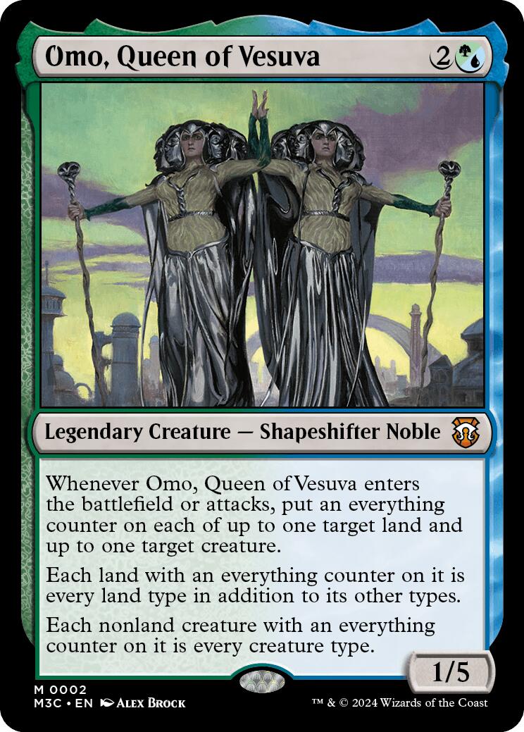 Omo, Queen of Vesuva [M3C-2] Magic: The Gathering card featuring a Shapeshifter Noble with two regal reflections.