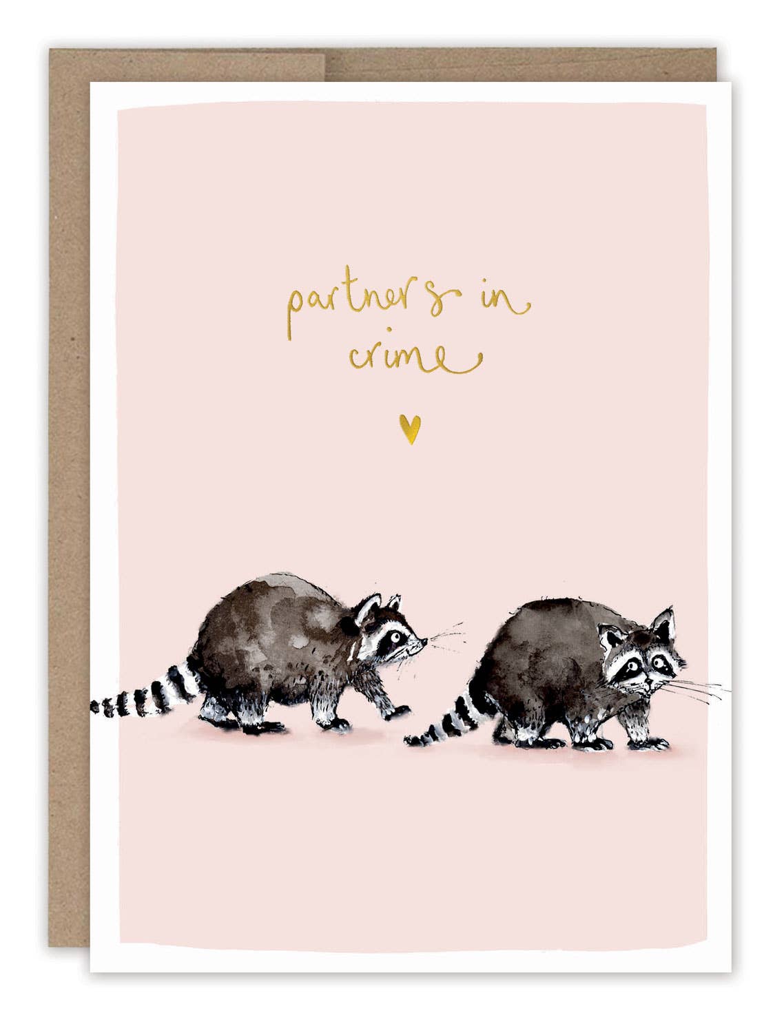 Partners In Crime Love Card with two raccoons on a pink background and “partners in crime” text, blank inside.