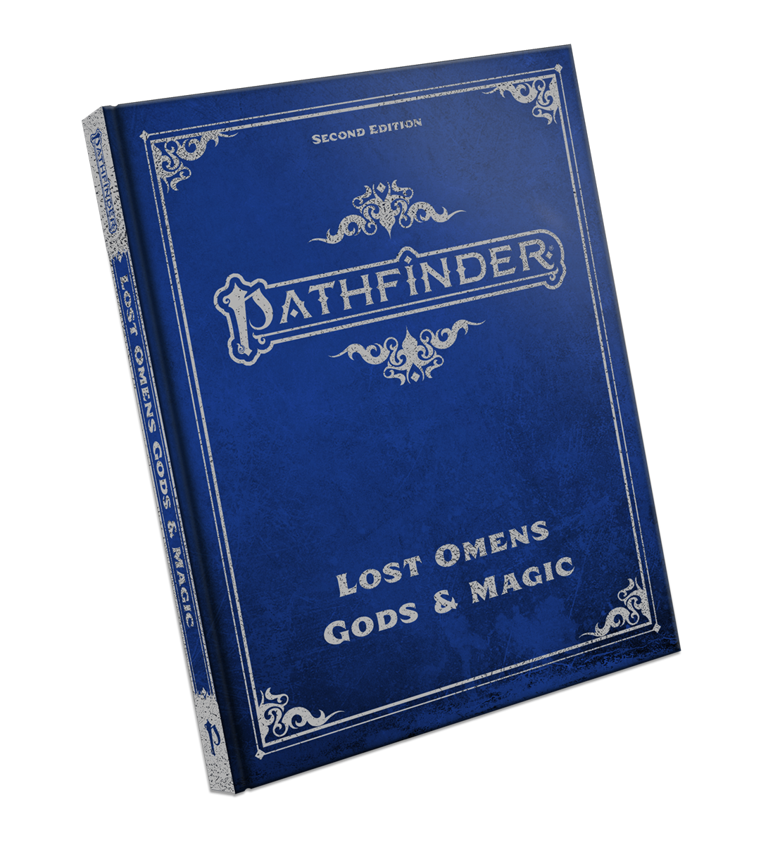 Blue hardcover Pathfinder 2E Lost Omens: Gods and Magic Special Edition with white decorative designs.