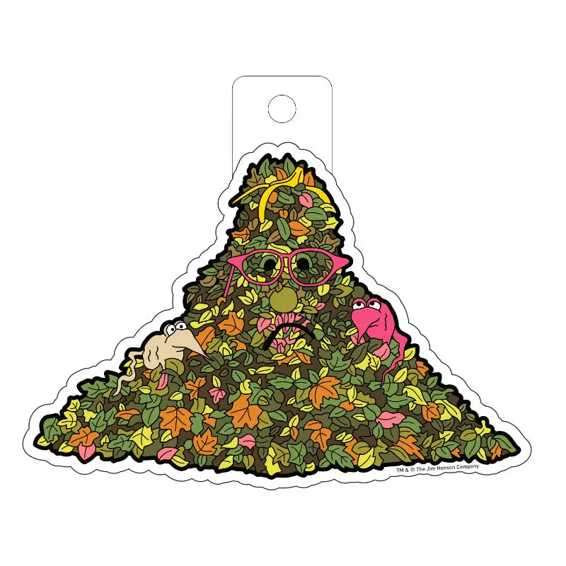Trash Heap Pin featuring a triangular pile of colorful leaves with glasses, a nose, and two puppets.