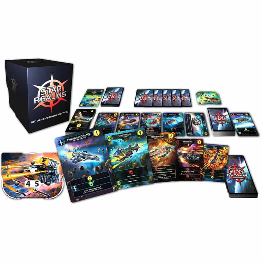Star Realms Tenth Anniversary deckbuilding game with cards, rulebooks, card decks, and branded box.