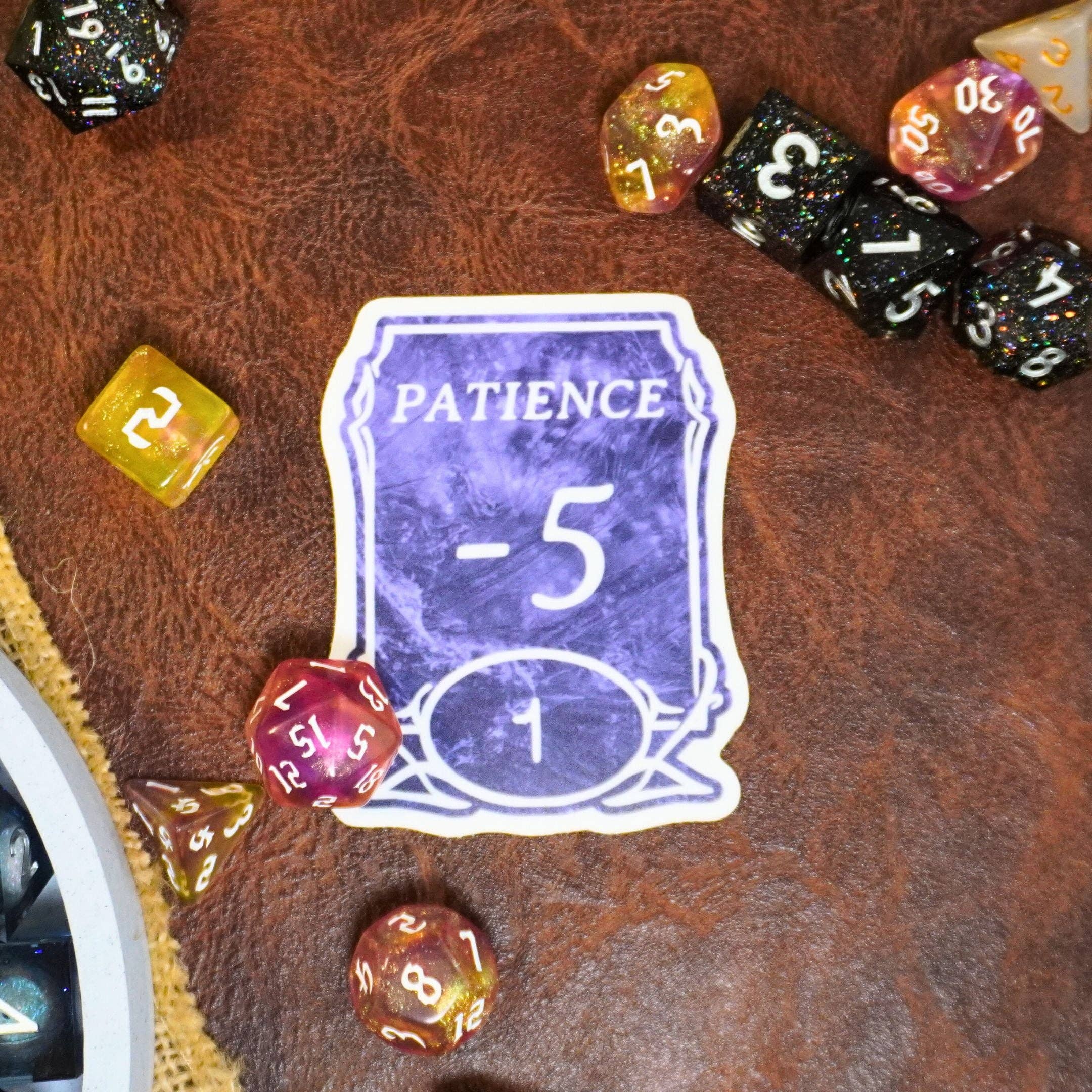 Patience -5 sticker featuring colorful dice on a brown leather background.