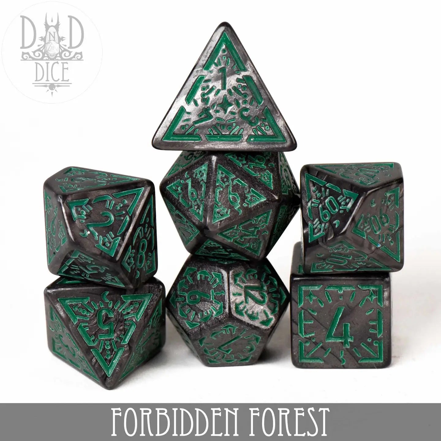 Forbidden Forest Dice Set, black and green, with intricate fantasy-themed designs.