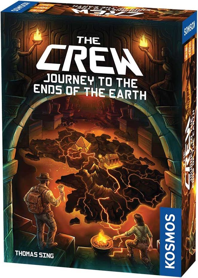 The Crew: Journey to the Ends of the Earth board game box featuring explorers mapping volcanic terrain.