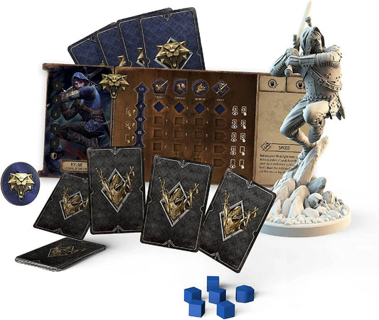 The Witcher Old World game with cards, tokens, character board, and warrior miniature on a snowy base.