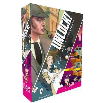 UNLOCK Heroic Adventures escape room game featuring Sherlock Holmes, cartoon detectives, a girl, and retro game art.