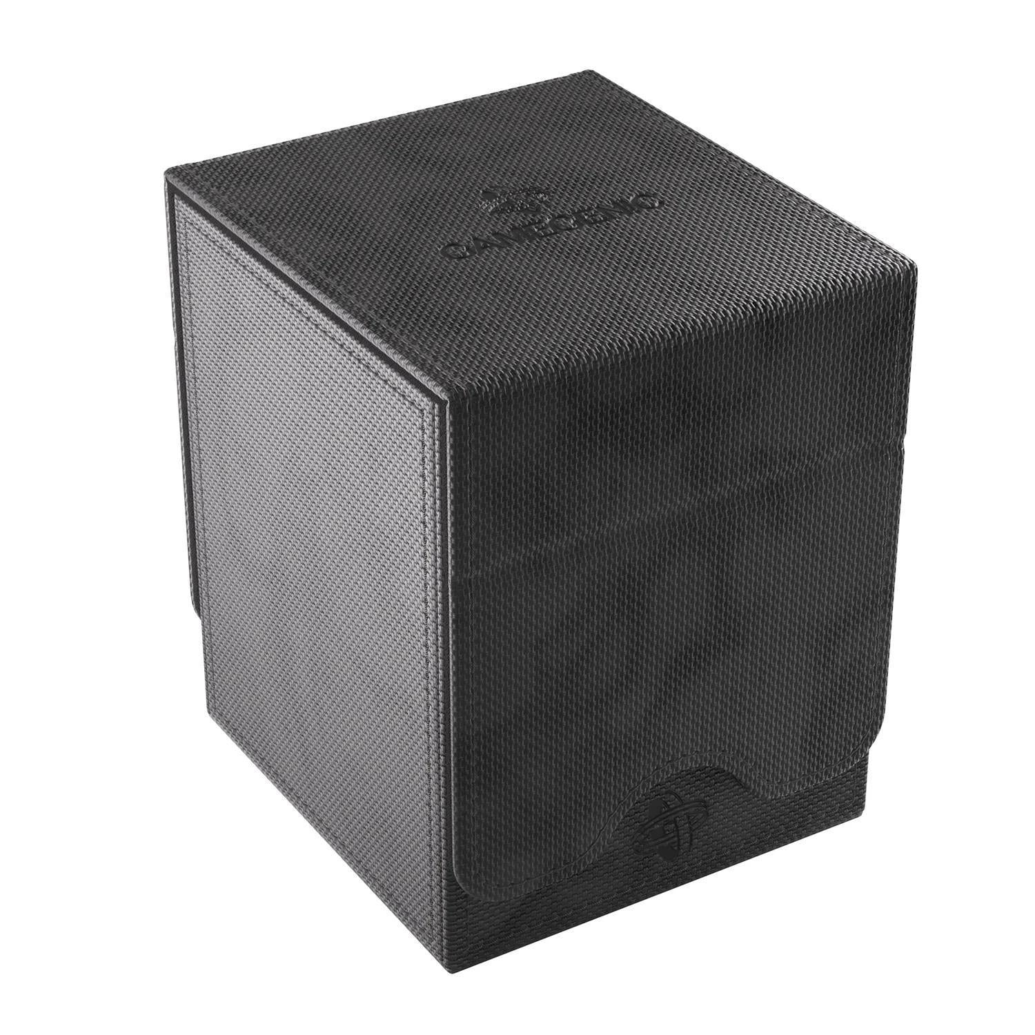 Textured black Squire Plus 100+ XL Convertible deck box with hinged lid and embossed logo on top and front.