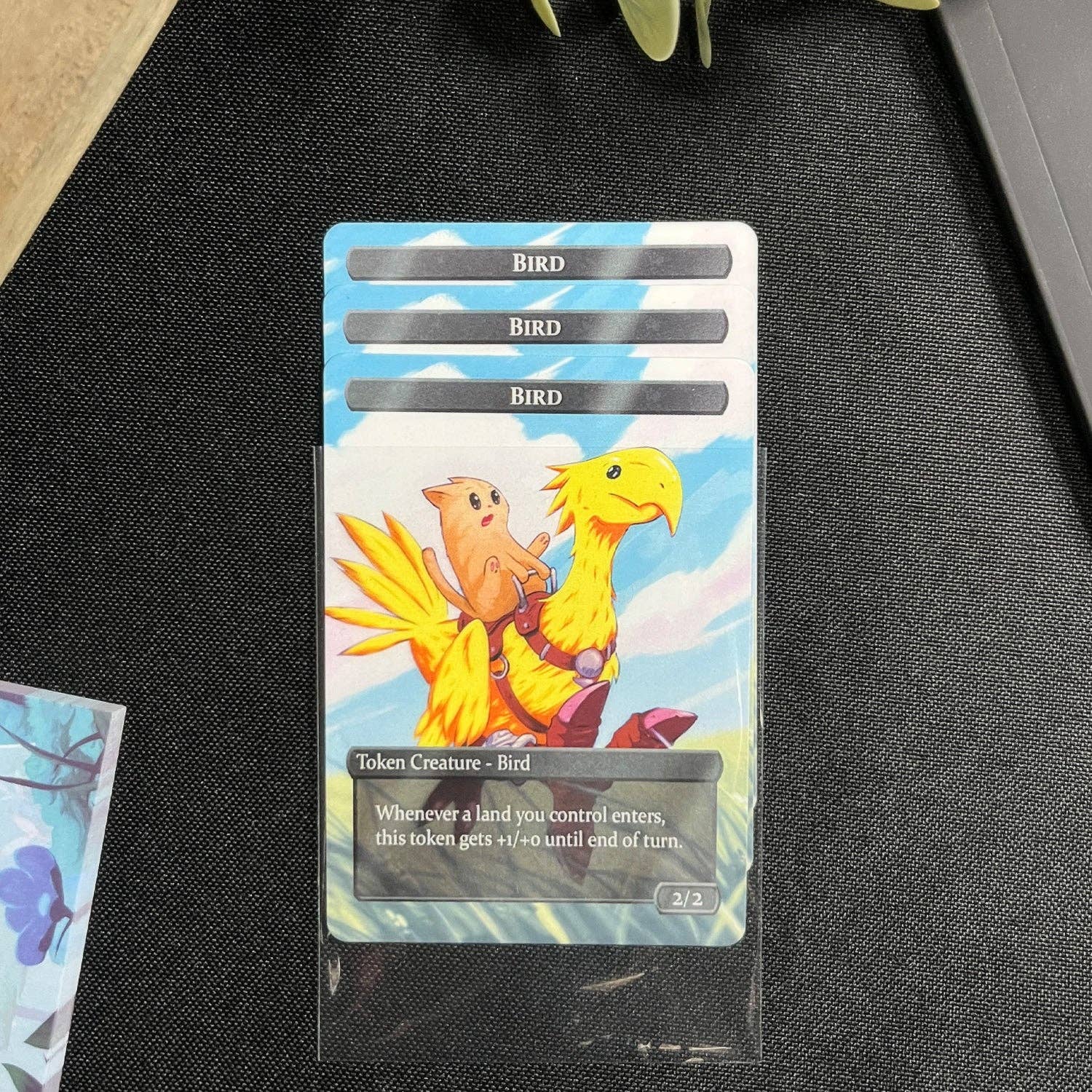 Wizard & Bird Token Set: Four Bird tokens with a yellow bird and small creature; sized for MtG card sleeves.