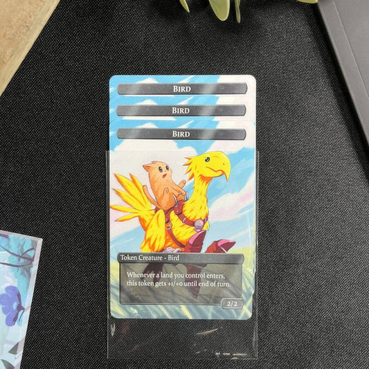Wizard & Bird Token Set: Four Bird tokens with a yellow bird and small creature; sized for MtG card sleeves.