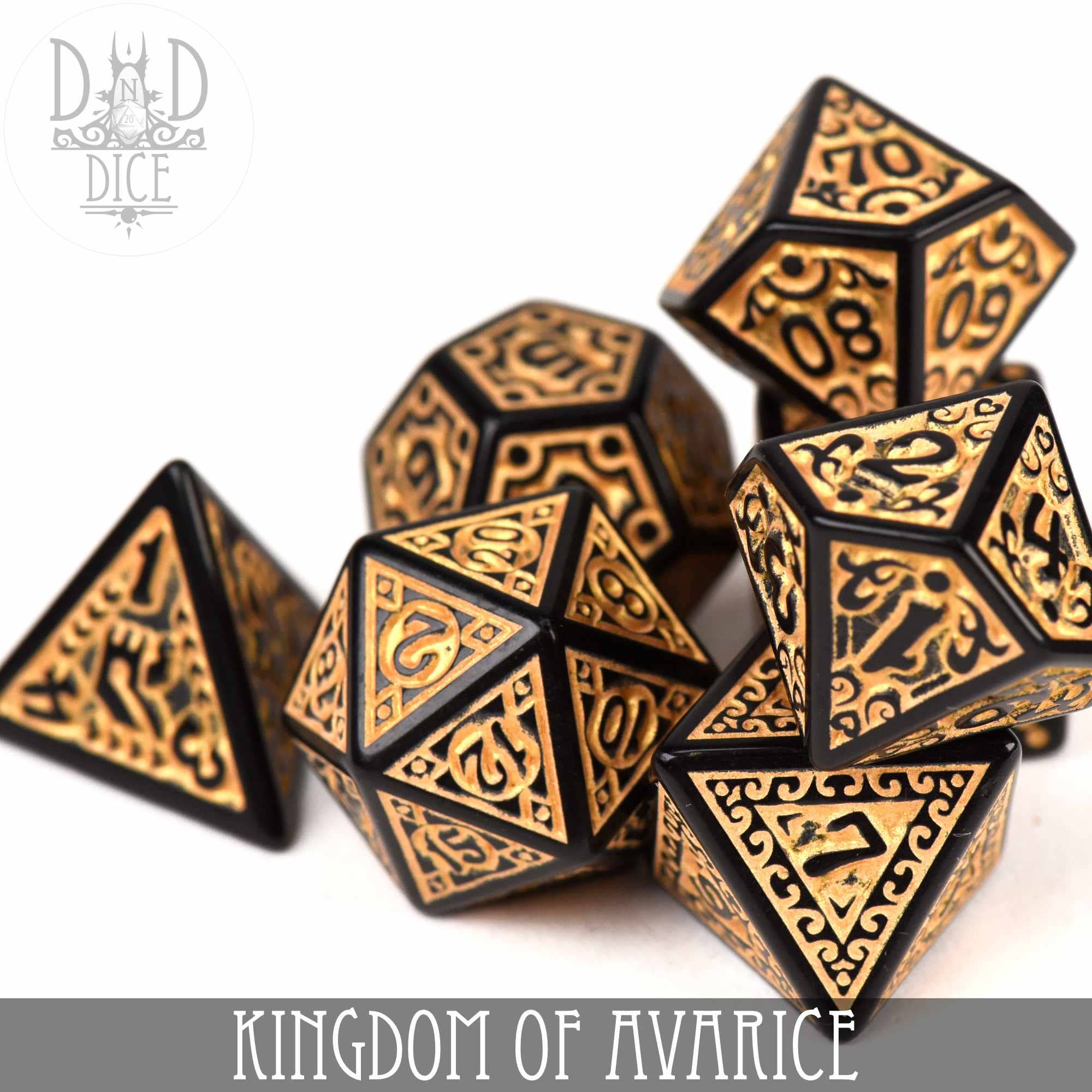 Kingdom of Avarice 7-piece black and gold acrylic dice set for tabletop gaming.