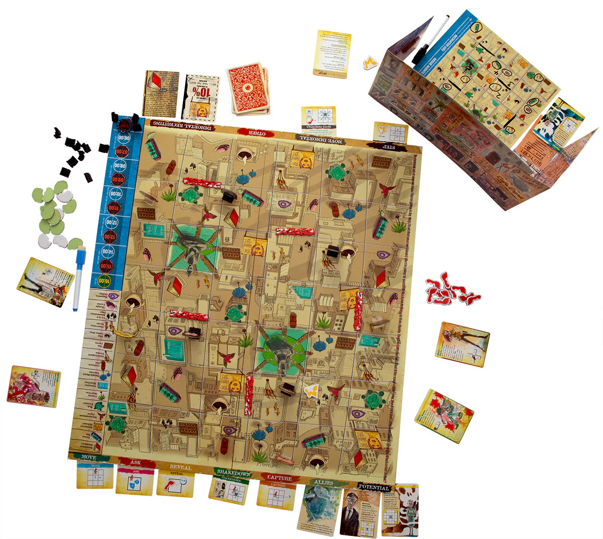 MIND MGMT The Psychic Espionage Game with cards, tokens, and an illustrated board.