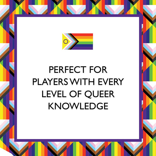 Queer Trivia game with Progress Pride flag above title text.