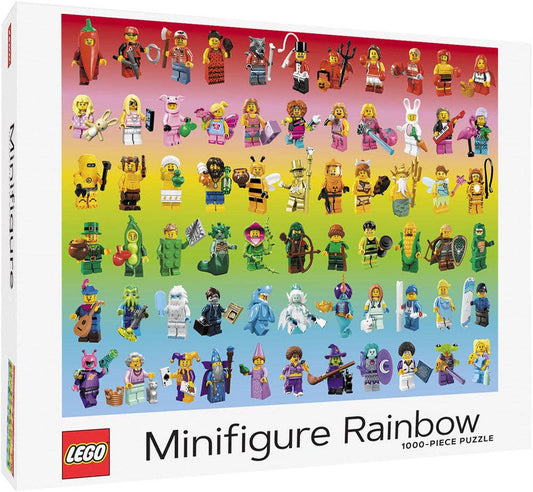 LEGO Minifigure Rainbow 1000-Piece Puzzle featuring colorful minifigures on a rainbow gradient background.