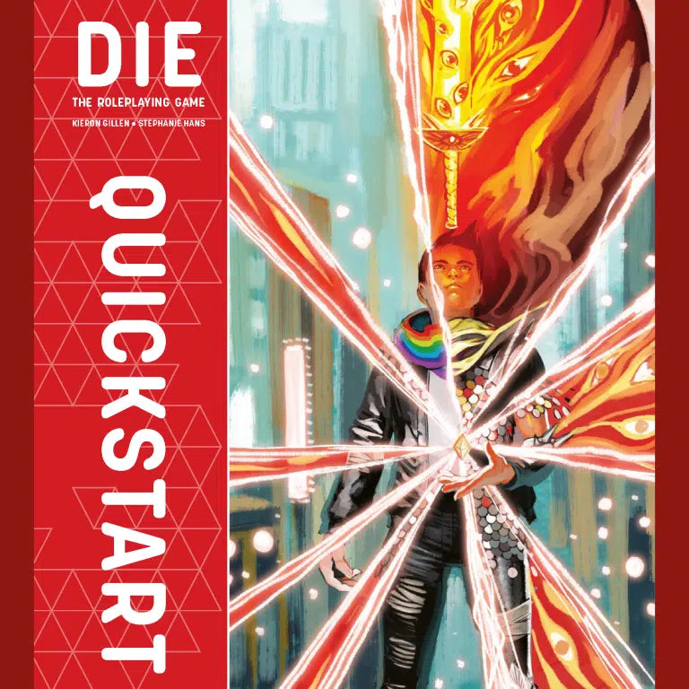 DIE RPG: Quickstart cover featuring a person with a glowing sword facing a fiery monster.