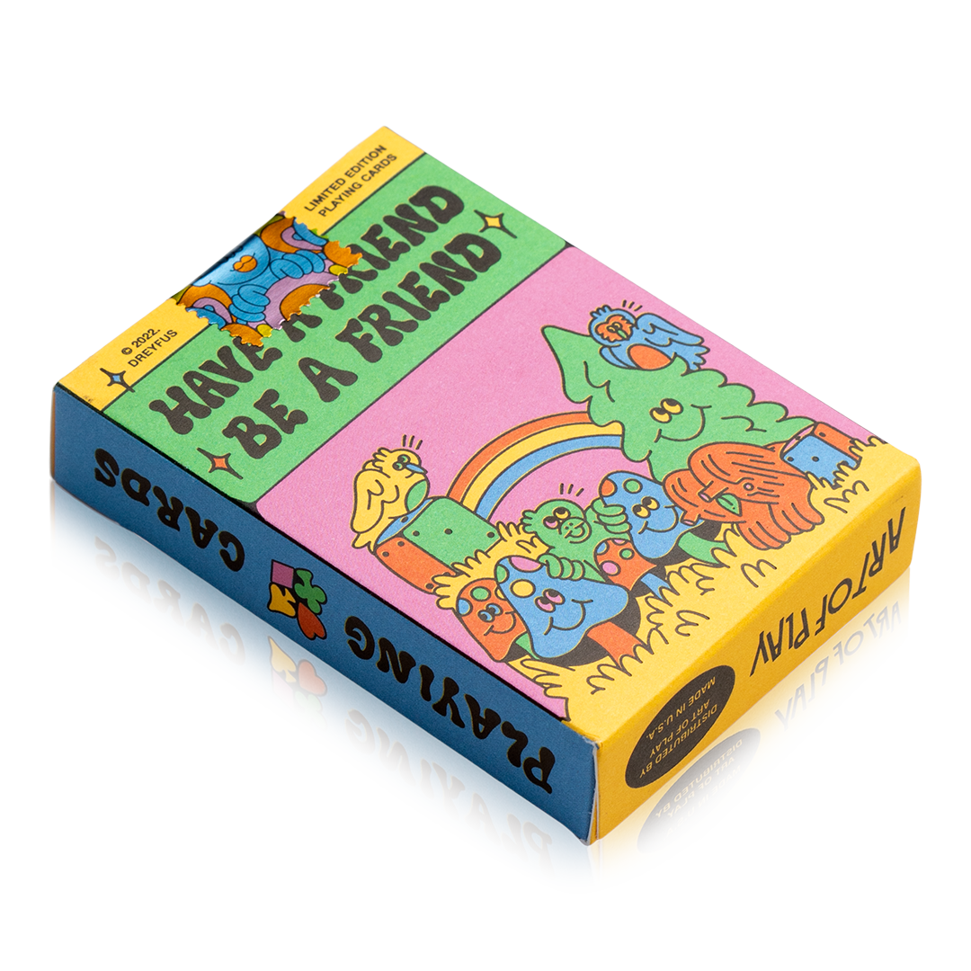 Dreyfus Art Playing Cards tuck box with psychedelic characters, a rainbow, and Have a Friend, Be a Friend.