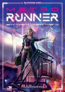 Metrorunner product with futuristic woman, neon lights, and train in a cyberpunk-themed scene.