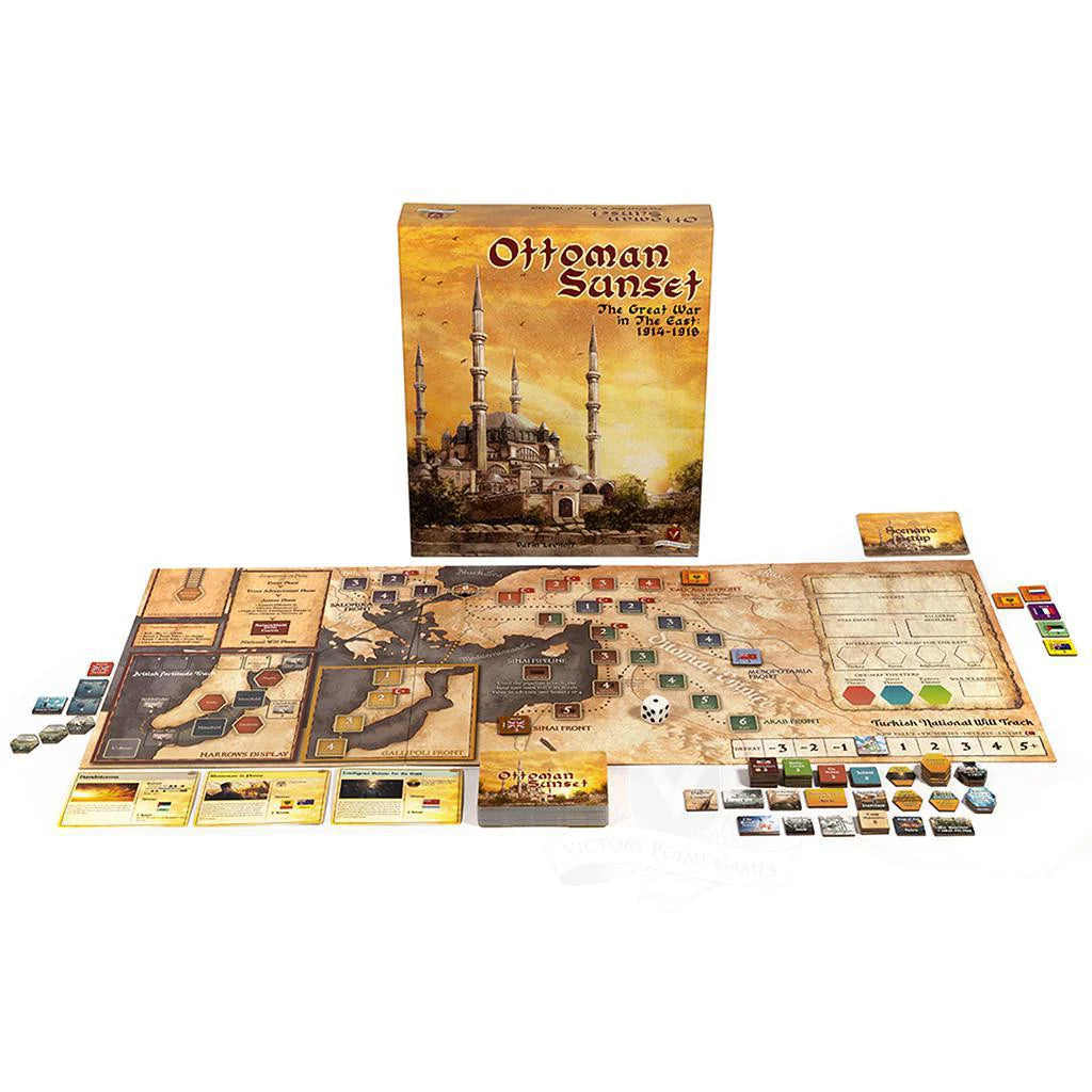 Ottoman Sunset 3rd Edition WWI board game with map, cards, tokens, dice, and box featuring a sunset mosque.