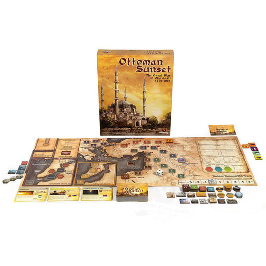 Ottoman Sunset 3rd Edition WWI board game with map, cards, tokens, dice, and box featuring a sunset mosque.