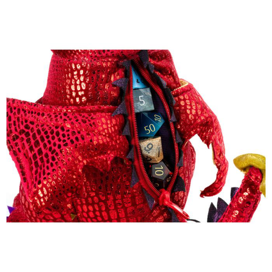 Dragon plush dice bag with zippered pocket containing colorful polyhedral dice.