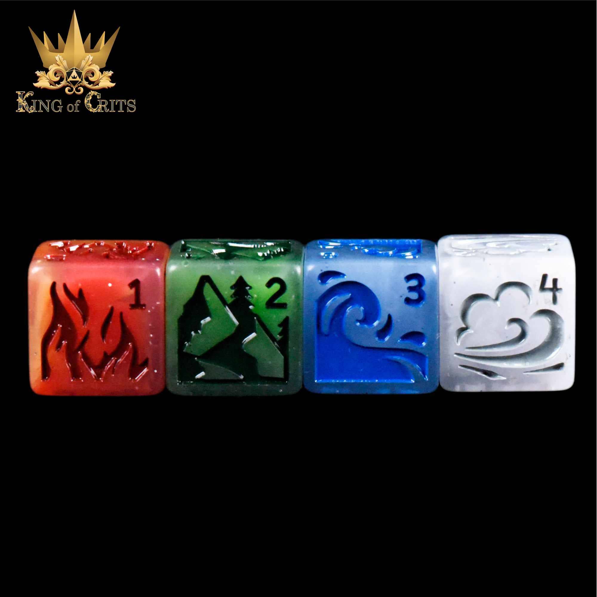 Forces of Nature 4D6 Set: four resin dice featuring fire, forest, water, and wind icons with King of Crits logo.