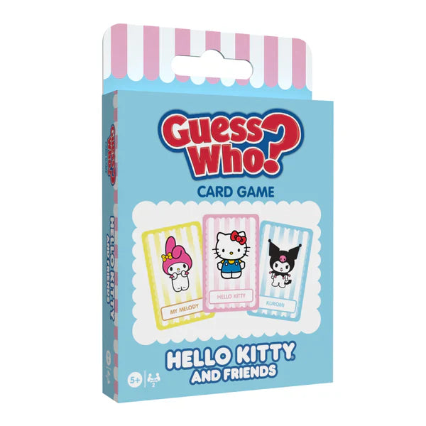 GUESS WHO? Card Game: Hello Kitty and Friends edition with My Melody, Hello Kitty, and Kuromi on the box.