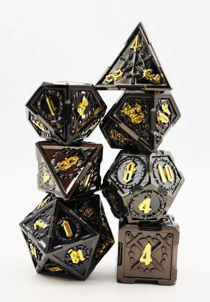 Demonic Sword RPG Metal Dice with gold numbers, stacked on top of each other against a white background.