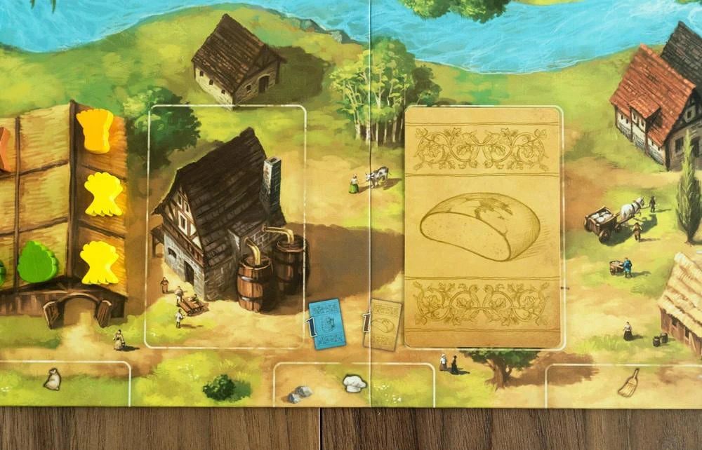 Beer & Bread board game with colorful wooden meeples and cards on the game board.