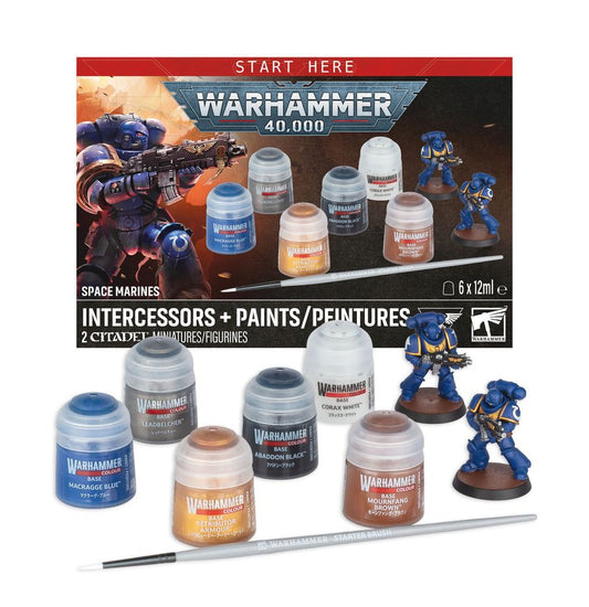 Space Marines Intercessors + Paints kit with six paints, two blue miniatures, brush, and Intercessors box.