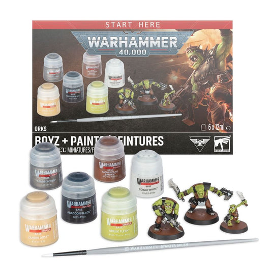 Orks: Boyz + Paints kit with push-fit Orks, paints, brush, and three miniatures shown with box.