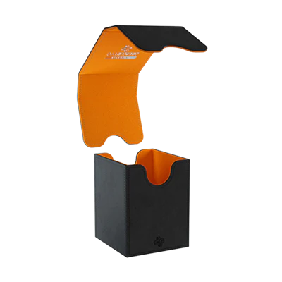 Squire 100+ XL deck box, black and orange, shown with lid open to display the orange interior.