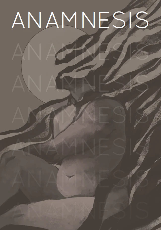 Anamnesis solo journaling RPG, monochrome art of a seated long-haired person under the sun.
