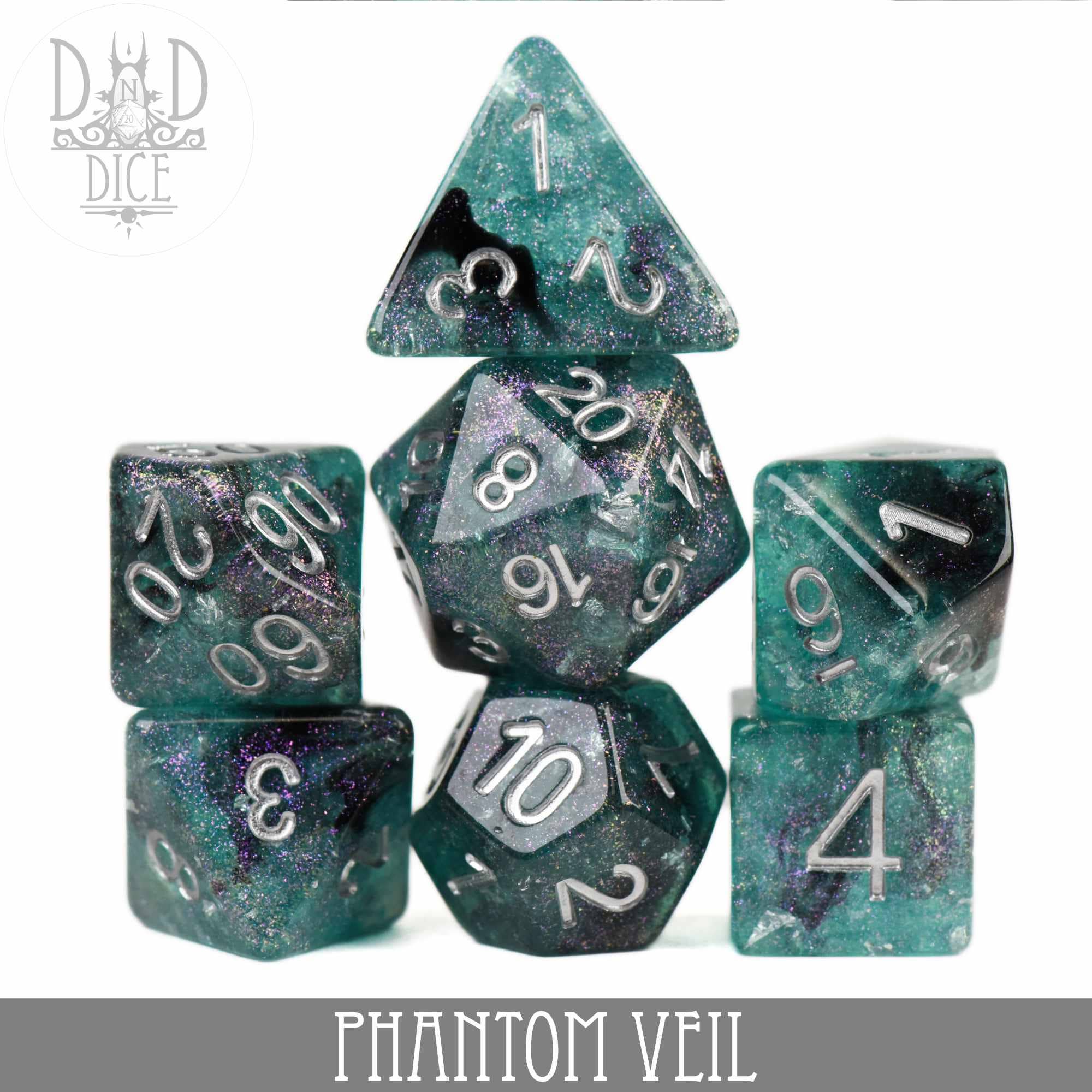 Phantom Veil 7-piece polyhedral dice set in teal and black glitter resin with white numbers.