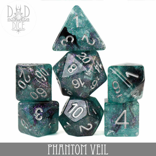 Phantom Veil 7-piece polyhedral dice set in teal and black glitter resin with white numbers.