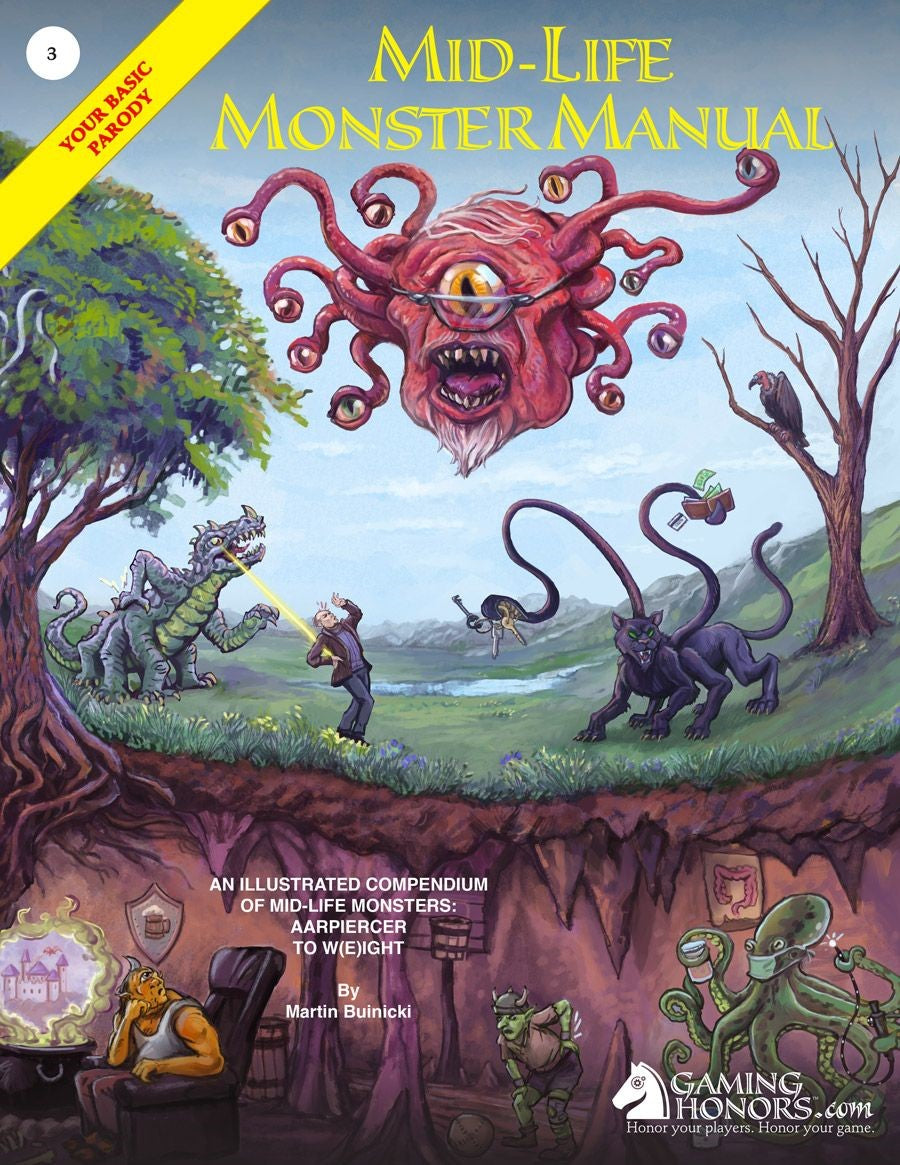 The Mid-Life Monster Manual illustrated book featuring park adventurers battling monsters with others relaxing below.