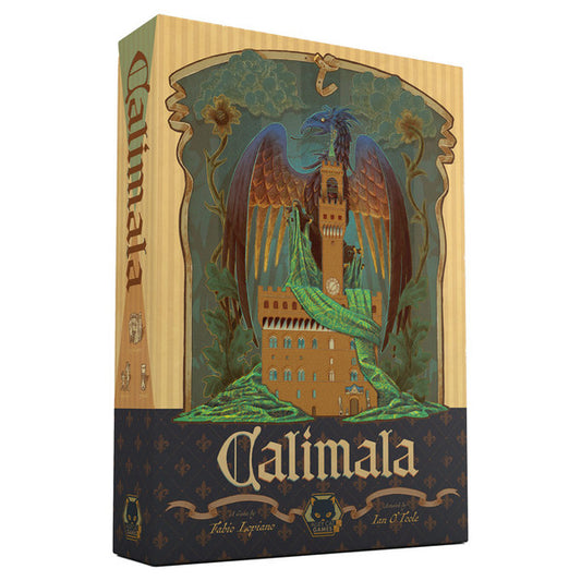 Calimala box featuring a large green dragon atop an ornate Florence building.