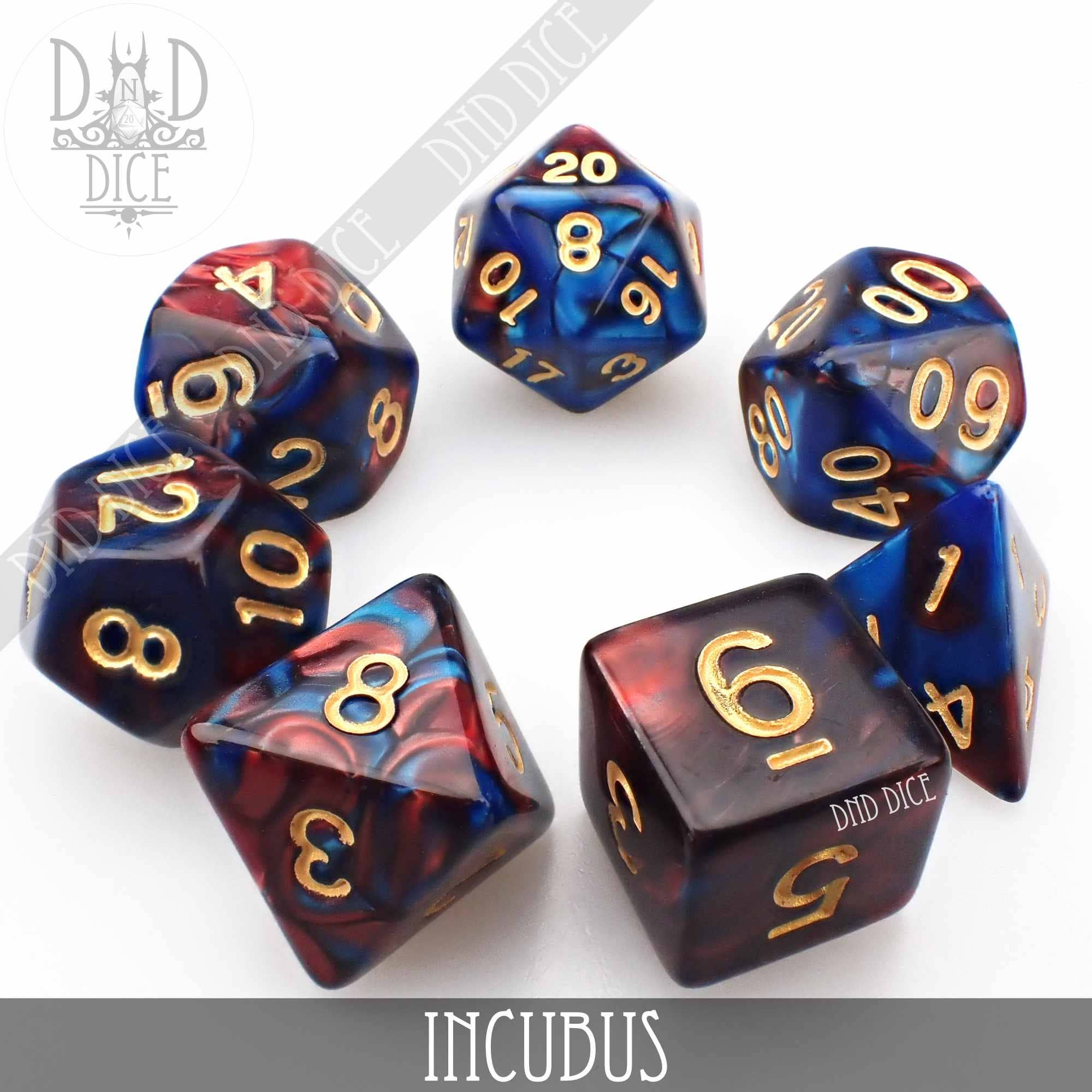 Incubus 7-dice set in marbled blue and red with gold numbers.