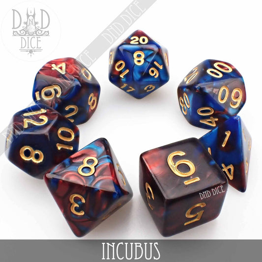 Incubus 7-dice set in marbled blue and red with gold numbers.