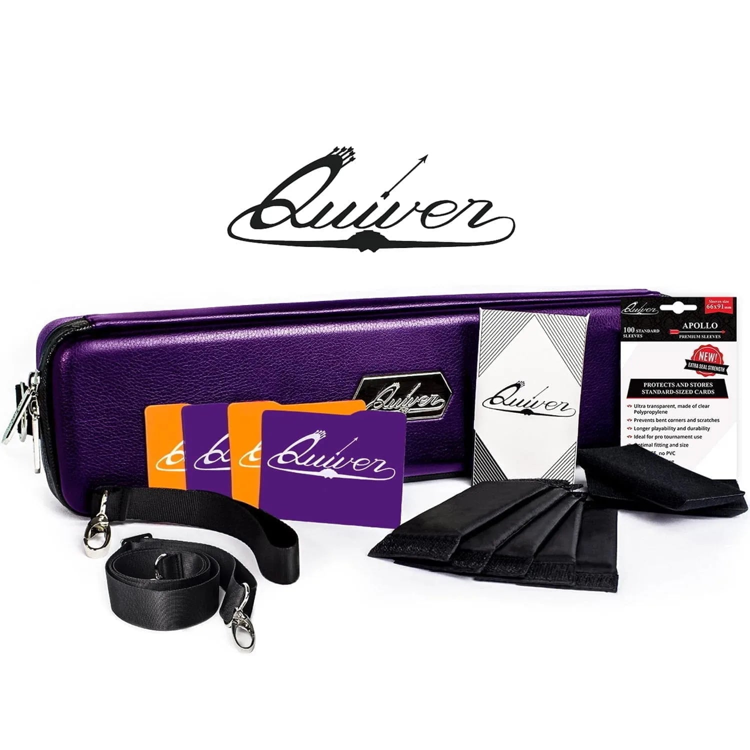 The Quiver Card Case in violet with shoulder strap, card organizer, cloth sleeves, and Apollo product info card in front.