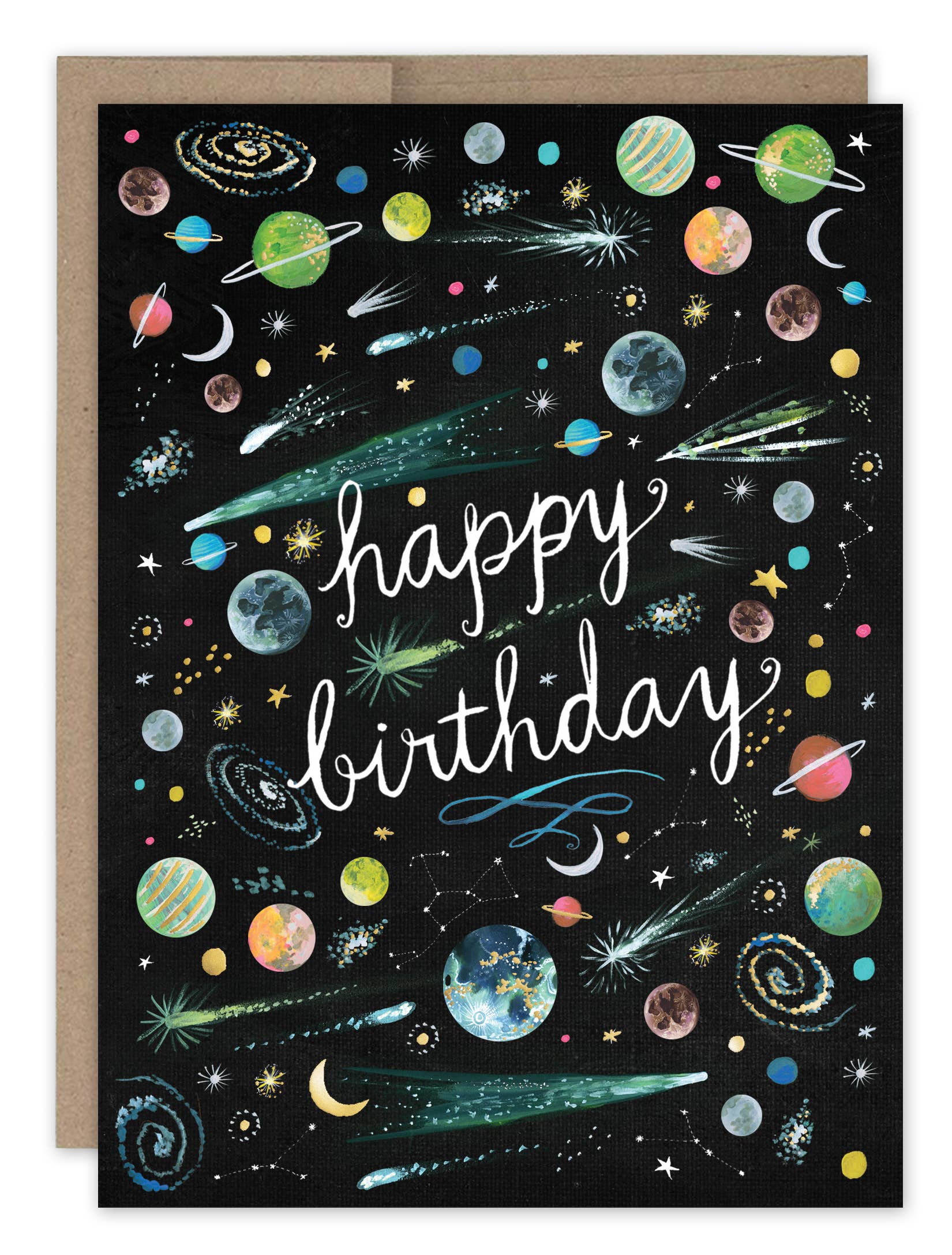 Birthday card with happy birthday in cursive, planets, stars, and comets on a black background.