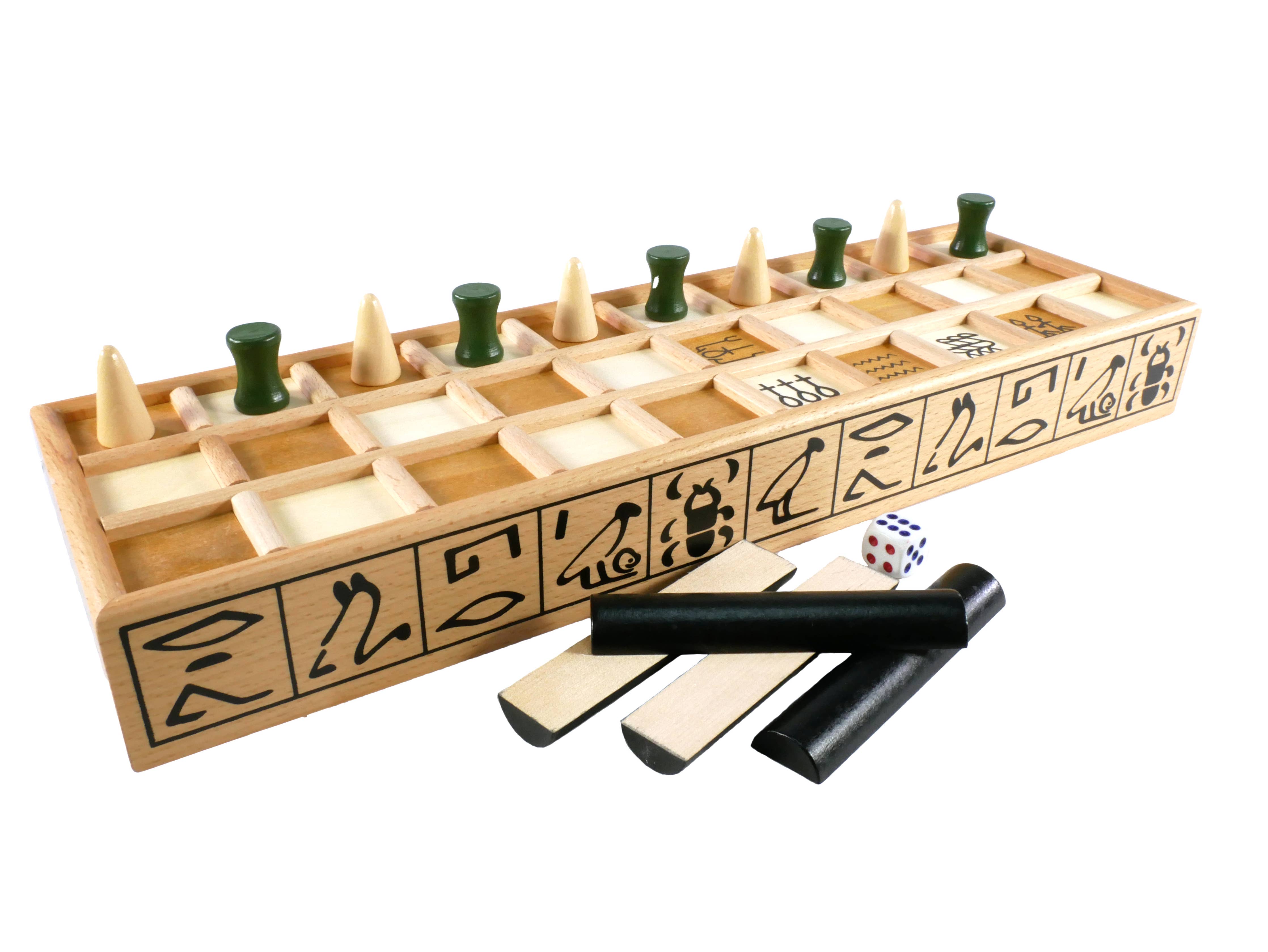 Senet board game 21241 with decorated rectangular board, wooden pieces, sticks, and a die.