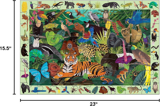 Rainforest Search & Find Puzzle featuring tiger, jaguar, monkeys, and birds. Finished size: 15.5 x 23 inches.