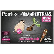 Box cover of Poetry for Neanderthals NSFW adult party game, showing cartoon figures and game information.