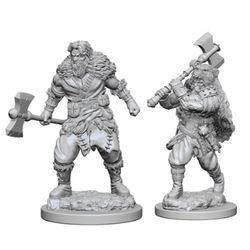 Nolzurs Marvelous Unpainted Miniatures, 2 male human barbarian warriors with axes on round bases.