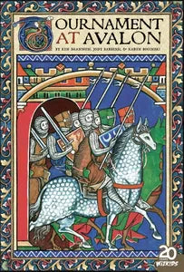 Tournament At Avalon game featuring knights in colorful armor with lances under an ornate archway.