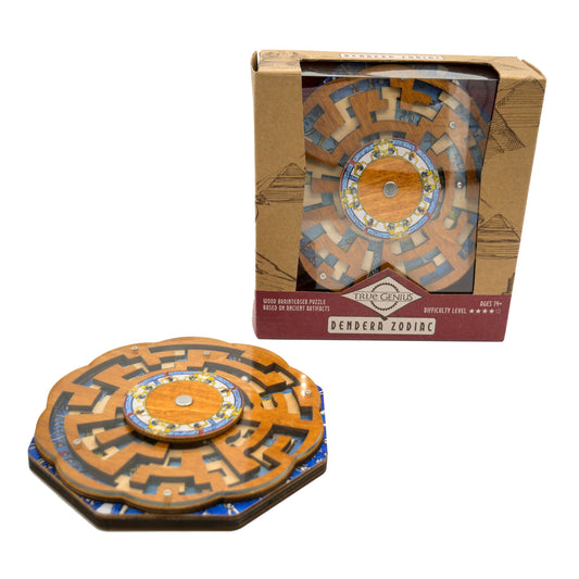 True Genius Dendera Shifting Maze, circular wooden labyrinth with ancient motifs and a metal ball bearing.