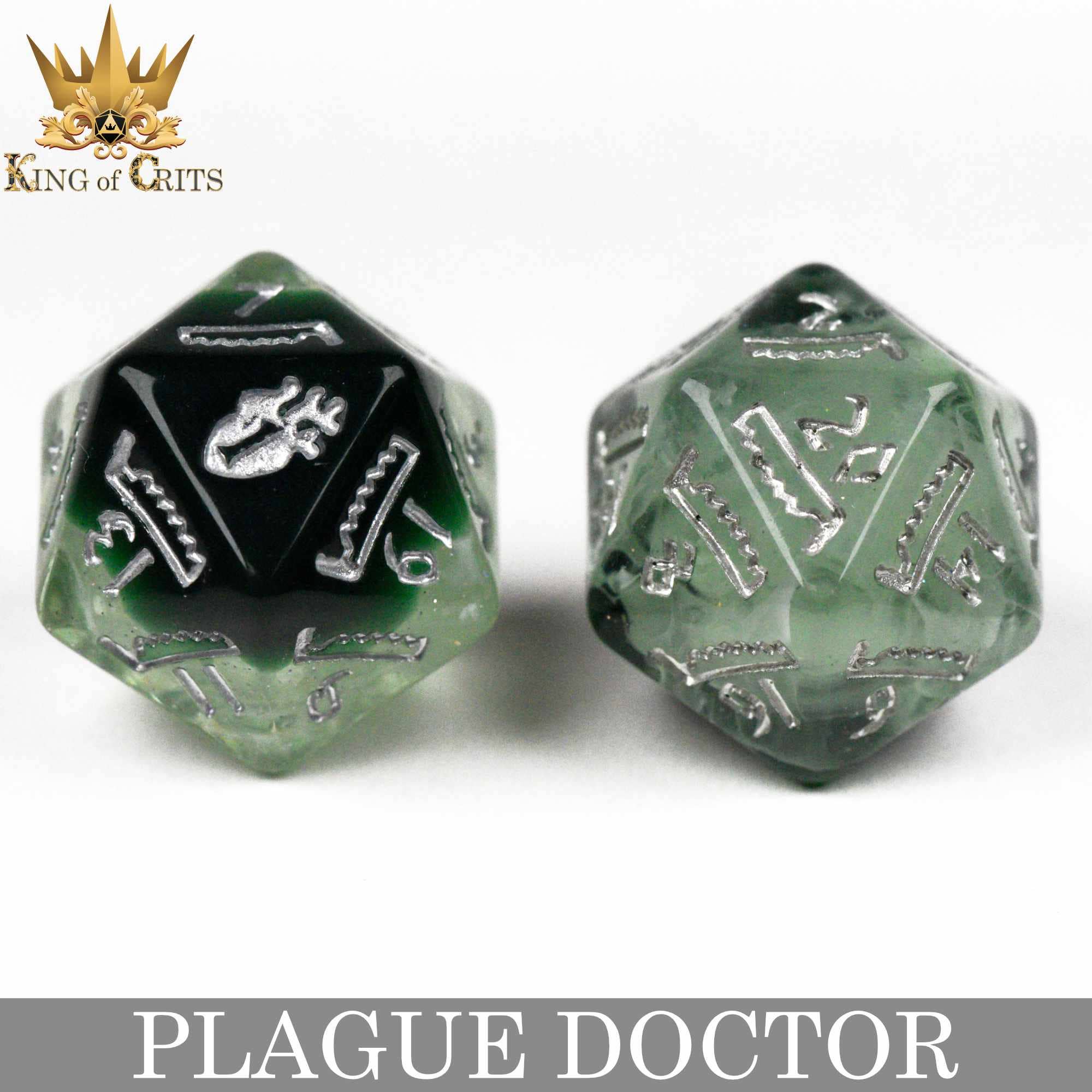 Green and black Plague Doctor 11-dice set with silver symbols and King of Crits on top die.
