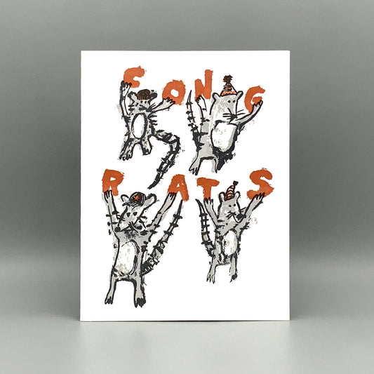 Congrats Rats cotton paper card featuring three illustrated rats in party hats holding up letters spelling CONGRATS.