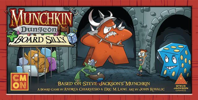 Munchkin Dungeon Board Silly edition featuring cartoon heroes, an orange monster, and a dragon on the box.